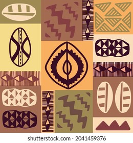 Seamless abstract pattern with african geometric elements. beige, pink, khaki, yellow, burgundy colors. Vector illustration. Patchwork. Art design for print, cover, paper, wallpaper, textile. 