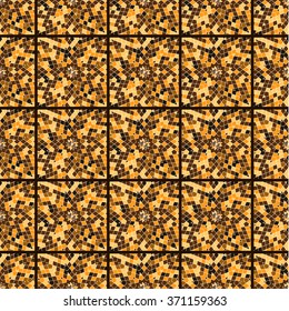 Seamless abstract pattern. African motif. Bright orange and brown. The mosaic tile. The square tiles. Vector illustration.