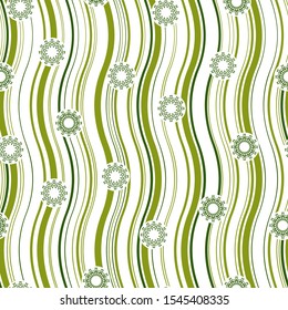 Seamless abstract pattern. Against the background of vertical wavy lines, stylized flowers are located. Print for textiles in green colors. Vector illustration.