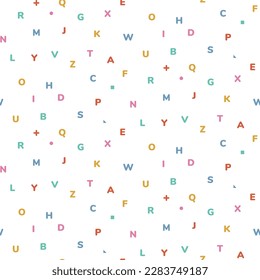 Nahtlose abstrakte Muster mit Buchstaben auf weißem Hintergrund. Geschenkpapier für Festtage. Thema Schule und Lernen.