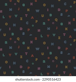 Seamless abstract pattern with alphabet letters on black background. Gift wrapping festive paper. School and learning theme.
