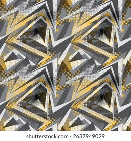 Seamless abstract pattern with angular geometric shapes, halftone dots, and grunge textures in yellow, black, gray. Urban and comics style wall print for streetwear, posters, sport textile