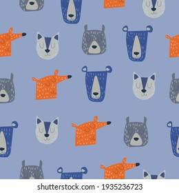 Seamless abstract pattern with animal heads like fox, bear, cat and dog. Vector illustration on blue background 