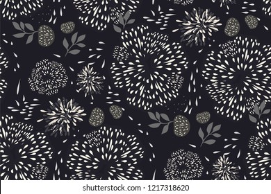 Seamless abstract pattern, artistic texture, drawn background with fabulous flowers, berries, leaves. Decorative vector template design.Black and white