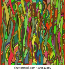 Seamless abstract pattern "autumn jungle." Incorrect, stripes, waves, semicircles. Bright pattern, stylized trees and vines, vector.