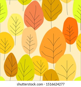 Seamless abstract pattern with autumn trees on light background. Set of colorful trees. Vector illustration, doodle style. Template design for invitation, poster, card, fabric, textile.
