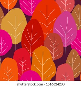 Seamless abstract pattern with autumn trees on dark background. Set of colorful trees. Vector illustration, doodle style. Template design for invitation, poster, card, fabric, textile.