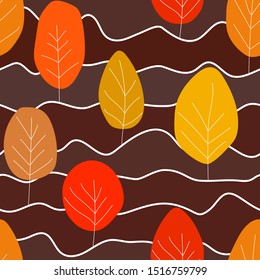Seamless abstract pattern with autumn trees on dark background. Set of colorful trees. Vector illustration, doodle style. Template design for invitation, poster, card, fabric, textile.