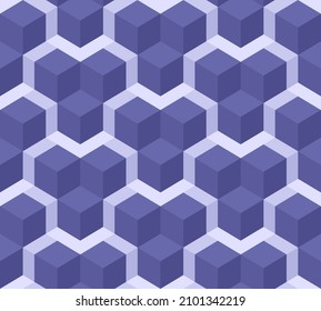 Seamless abstract pattern background. 3D cube shapes are interconnected. Color trend 2022 Very Peri. Design texture for banner, template, card, cover, poster, backdrop, wall. Vector illustration.