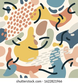 Seamless abstract pattern background with colorful elements. Trendy textile, fabric, wrapping. Surface design. Vector texture for your design. Simple modern texture with chaotic painted shapes.
