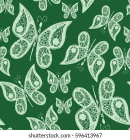Seamless abstract pattern background with flying hand drawn butterflies. Vector illustration. Design for textile or paper.