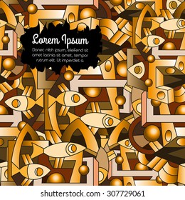 Seamless abstract pattern background with hand drawn fish and colored doodle elements in brown tones.