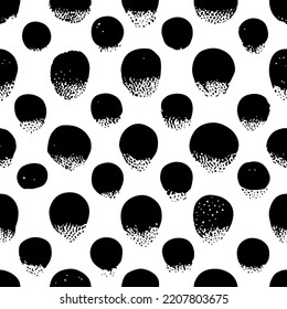 Seamless abstract pattern background, polka dots. Black ink stains on white. Fabric print, vector illustration.