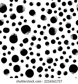 Seamless abstract pattern background, polka dots. Black ink stains on white. Fabric print, vector illustration.