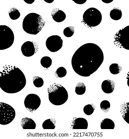 Seamless abstract pattern background, polka dots. Black ink stains on white. Fabric print, vector illustration.