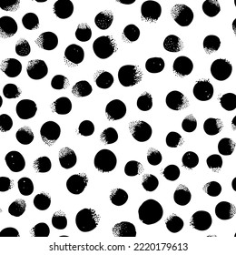 Seamless abstract pattern background, polka dots. Black ink stains on white. Fabric print, vector illustration.