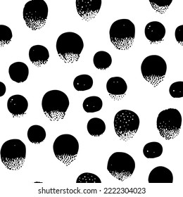 Seamless abstract pattern background, polka dots. Black ink stains on white. Fabric print, vector illustration.