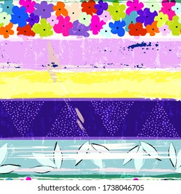 seamless abstract pattern background, with stripes, little flowers, strokes and splashes, grungy