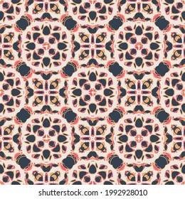 Seamless abstract pattern background with a variety of circles. Black, Pink and Yellow colors Circle flower Geometric pattern.