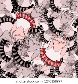 Seamless abstract pattern with ballerina pigs. vector