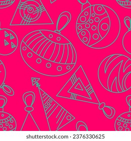 Seamless abstract pattern with balls, toys. Green, pink. Neon colors. Vector. Christmas, New year. Designs for textile fabrics, wrapping paper, background, wallpaper, cover.