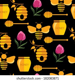Seamless abstract pattern with bee and honey.