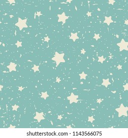 Seamless abstract pattern with beige soft tiny stars. Grunge star turquoise background. Vector illustration. Cosmos texture with particles of debris. Retro, faded, grunge texture