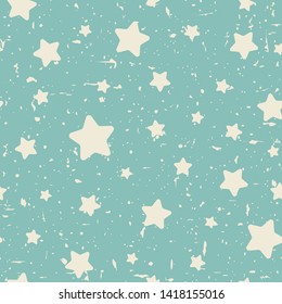 Seamless abstract pattern with beige soft tiny stars. Grunge star turquoise background. Vector illustration. Cosmos texture with particles of debris. Retro, faded, grunge texture