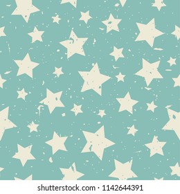 Seamless abstract pattern with beige stars of different rotation and size. Grunge star turquoise background. Vector illustration. Cosmos texture with particles of debris. Retro, faded, grunge texture