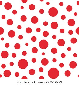 Seamless abstract pattern with big circles and dots of red color. Kaleidoscope background. Decorative wallpaper, good for printing. Vector illustration.