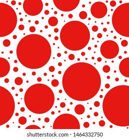 Seamless abstract pattern with big red circles and dots on white background. Kaleidoscope background. Bright wallpaper, good for printing. Summer Vector illustration.