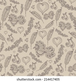Seamless abstract pattern with bird of happiness:bird feather flowers leaves the heart on a beige background