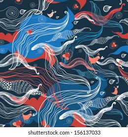 seamless abstract pattern with birds in love on a dark blue background 