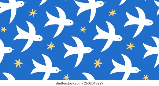 Seamless abstract pattern with birds and stars