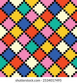 Padrão abstrato contínuo de linhas de pixel diagonais pretas formando losangos multicoloridos em uma linha, estilo plano