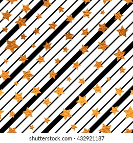 Seamless abstract pattern with black  diagonal  lines and bright golden foil stars. Striped  artistic  vector illustration for wrapping, website, invitation or other design.