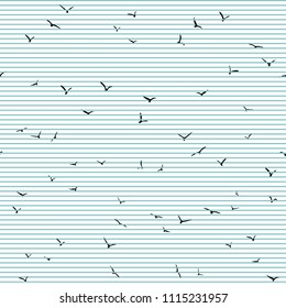 Seamless abstract pattern with black flying  birds on blue stripes. white background. Vector illustration.  