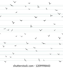 Seamless abstract pattern with black flying  birds on blue stripes. white background. Vector illustration.  