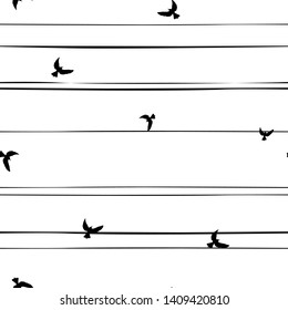 Seamless abstract pattern with black flying  birds on white background with black shabby stripes. Vector illustration.  