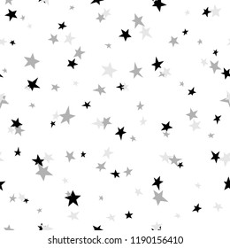 Seamless abstract pattern with black and grey hand drawn shabby stars of different size on white background. Vector illustration black and white. Cosmos texture for paper, wrapping and fabric.