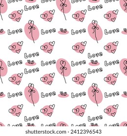Nahtlose abstrakte Muster mit schwarzen Herzen, Liebesbriefe, rosafarbene Ovale, Süßigkeiten. Weißer Hintergrund. Vektorgrafik. Valentinstag. Designs für Textilien, Umschlagpapier, Hintergrund, Tapete, Abdeckung.