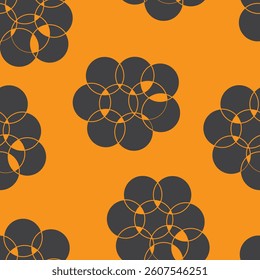 Seamless abstract pattern with black intersecting circles on an orange background. Vector illustration in abstract style for fabric prints and for decorating your designs