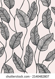 seamless abstract pattern with black leaves on white, painted with a brush, vector floral background