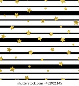 Seamless abstract pattern with black lines and bright golden foil stars.  Simple artistic  black, white and gold vector illustration for wrapping, website, invitation or other design.