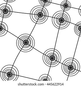 Seamless abstract pattern with black lines and circles on white background