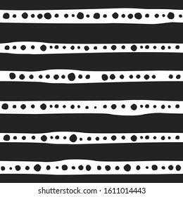 Seamless abstract pattern of black shabby lines and white dots or spots on white. Hand drawn, offhand style. Decorative wallpaper, good for printing. Vector illustration. Black and white.