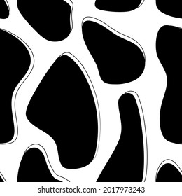 Seamless abstract pattern with black spots. Stylish simple vector texture - white background with black shapeless spots. Fabric, textile, for wrapping paper, spots with lines, dalmatian cow print.