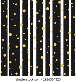 Seamless abstract pattern with black stripes and golden dots or circles. Kaleidoscope background. Decorative wallpaper, good for printing. Vector illustration.