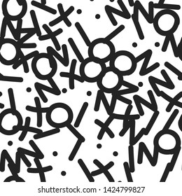 Seamless abstract pattern. Black and white chaotic hand drawn memphis elements. Stylish geometrical background for fabric, textile, design, ceramic.