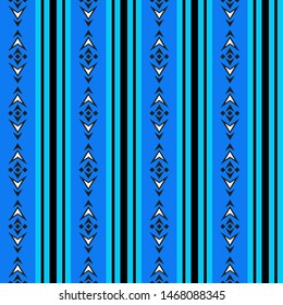 Seamless abstract pattern. Black and white geometric shapes are drawn against a background of vertical blue and green stripes. Vector illustration.